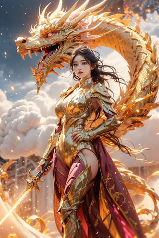 masterpiece, top quality, best quality, official art, beautiful and aesthetic:1.2), (1girl:1.3),very big breasts,pink bodysuit,Cyberpunk, hourglass figure,highleg leotard, chinese dragon, eastern dragon, golden line, (pink theme:1.4), volumetric lighting, ultra-high quality, photorealistic, sky background, daggers, ,Mecha body