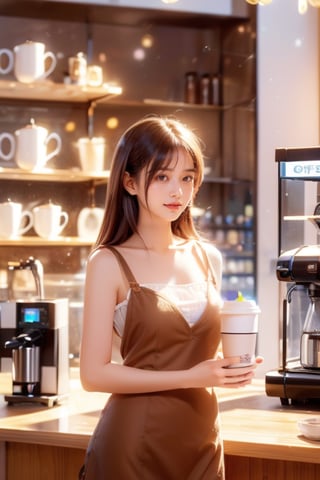 A Japanese girl in a coffee waitress costume smiles and hands a cup of fragrant coffee to a customer in a colorful coffee shop (1.3) (cafe environment interior design, coffee machine, coffee cups, shelves, coffee shop: 1.2). Looking at a store window while waiting for a friend (realistic: 1.2), (best quality: 1.3), photo-realistic, highly detailed, high resolution RAW photo, film grain, coffeeyadream, sntm, slingshot, fashion, sexy, real hand,realhands