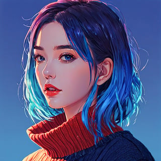 shadow flat vector art, illustrator, anime , realistic ,sketch , 1girl, ,lip, Sweater,order, Blue gradient background, Neon hair,Textured crop,xxmix_girl