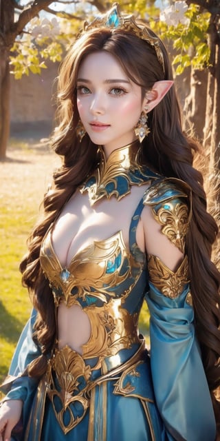 A full body photo of beautiful sexy elf with a realistic Asian skin colour. There are a few small spots or small moles or small warts scattered on the skin of the body. The big breast is very concentrated and firm. She has light makeup on her face, smiles, and has bright eyes. Nice hands, perfect hands, perfect fingers, eyes looking into the camera, random hairstyles and hair accessories, random photo poses, random face shapes, random background field matching with sakura flowing, ultra realitic photo quality, depth of field, clear background, backlight, 32K resolution, BOTTOM VIEW, Dark Elf, ultra light blue eyes, brown mix light gold of hair colour, wearing sexy battle suit, long sharp ear, carry a archer bow on hand