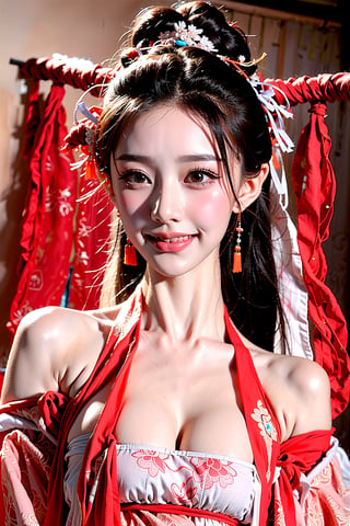 A beautiful Chinese girl with a real Asian yellow skin color. There are a few small spots or small moles or small warts scattered on the skin of the body. The big chest is very concentrated and firm. She has light makeup on her face, smiles, and has bright eyes. , eyes looking into the camera, random hairstyles and hair accessories, random photo poses, random face shapes, random clothing colors, random background matching, real photo quality, depth of field, clear background, backlight, 32K resolution