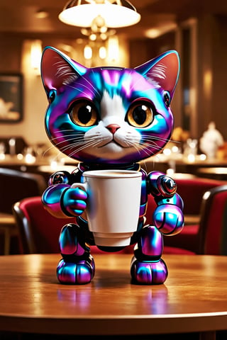 (best quality,8K,highres,masterpiece), ultra-detailed, (cute cat robot), a cat robot in bright, carrying a coffee cup in a luxurious restaurant, cute vibrant colors, rendered in full size. The cat robot is adorned with playful and vibrant hues of iridescent, with adorable features that exude charm and innocence. Every detail of the robot's design, from its rounded edges to its expressive eyes, is meticulously rendered with ultra-realistic precision. The scene radiates with warmth and whimsy, inviting viewers to embrace the endearing nature of this mechanical marvel.