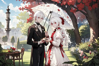 Official Art, Unity 8K Wallpaper, Extreme Detailed, Beautiful and Aesthetic, Masterpiece, Top Quality, perfect anatomy, MALE, (male:1.5), gentle expression, gentle smile, 2guys, 2boys

white haired male (white_hair:1.5), (long_curly_white_hair:1.5) long bangs with red eyes (red_eyes:1.5), other male with long, curly black hair, black clothing, dark, elegant, victorian clothing, puffy sleeves, lace, ruffles, ribbon, tea party, garden party, garden, desserts, pastries, dessert tower, (dessert_tower:1.5), tea cups, silverware, silver dagger, cakes, flowers, colorful flowers, (colorful_flowers:1.3), parasol

concept art, (best illustration), vivid colours, contrast, smooth, sharp focus, scenery, outside, sun_shining, sun, blue sky, lush garden, overgrown, outside in a garden, tea party, trees

masterpiece, midjourney, best quality, high detail eyes,More Detail,portrait,1guy,pastelbg,Add more details