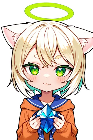 child , vtuber , 1girl , loli , white blonde hair , green heart crystal , sexy , cat ears , dot eyebrow , green eyes , TobaRana , Ranavtb ,loli , angel , white background , upper body , front , masterpiece, ultra-detailed, intricate details, best quality , machi , hololive