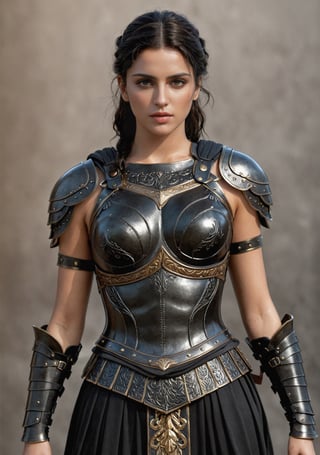 ultra realistic, photorealistic, HDR, 4k, 8k, 16k, high quality texture, A full body photograph with realistic style portrays, Extremely beautiful Carthaginian woman, perfect body, well done, in ultra-realistic detail.Ultra detailed Roman style full black leather armor The composition imitates a cinematic movie, The intricate details, sharp focus, perfect body proportion 