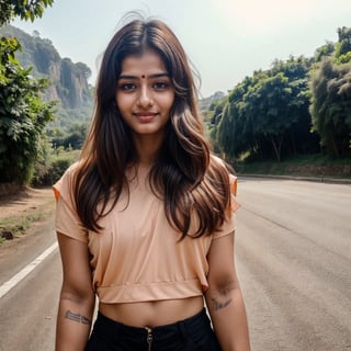 beautiful cute young attractive indian teenage girl, village girl, 18 years old, cute, Instagram model, long black_hair, colorful hair, warm, dacing, in road , indian