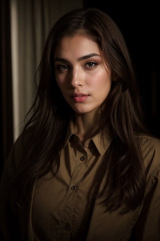 photorealistic, masterpiece, best quality, raw photo, 1girl, medium breasts, long hair, brown hair, collared shirt, looking at viewer, dynamic lighting, in the dark, deep shadow, low key, intricate detail, detailed skin, pore, highres, hdr