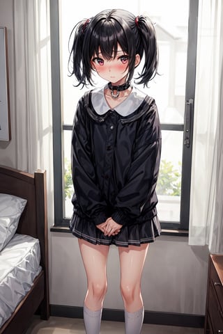 1 girl, Black hair, Short hair, bangs, twin tails, collar, bondage, NSWF, standing, looking at viewer, embarased, blushing, bedroom