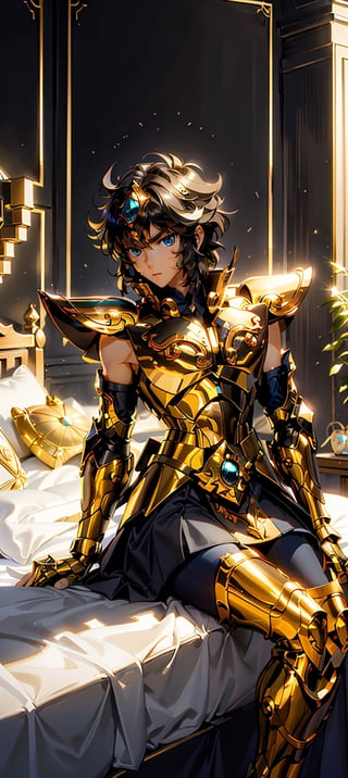 4k, bedroom, (long straight brown and black hair), (sitting on the bed), city, Japanese JK clothing, blue skirt, Hayao Miyazaki animation style, (Cancer armor: 1.2), (Cancer symbol),leoarmor,armor,golden armor