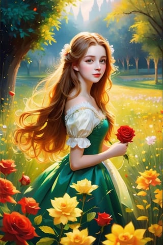 Oil painting, (girl holding a single rose), very delicate and soft lighting, details, Ultra HD, 8k, animated film, soft floral dress, walking through a meadow full of wide green grass,Beautiful girl ,glitter