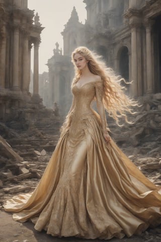 best quality, masterpiece,	
Amidst the ruins of a once-grand temple, Eris revels in her discord, her golden gown a whirlwind of rococo flair and chaos, mirroring the tumult she brings. her very long wave of blonde hair , effortlessly channels a Gothic fantasy aura, 