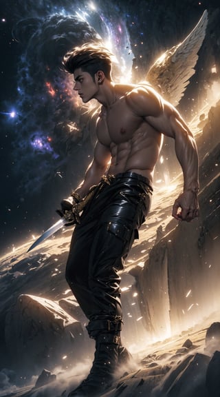 bottom, side  body view, ( full body  shot), stunning (Italian guy, 20 years old:1.5), very handsome, dynamic movement (kill his enemy with sword), best quality, masterpiece,	(space theme:1.4),(a chic look:1.5),	16K, (HDR:1.4), high contrast, bokeh:1.2, lens flare,	beautiful and aesthetic, vibrant color, Exquisite details and textures, cold tone, ultra-realistic illustration,siena natural ratio, rococo, dark kawaii style,	ultra hd, realistic, vivid colors, highly detailed, UHD drawing, perfect composition, ultra hd, 8k, he has an inner glow, stunning, something that even doesn't exist, mythical being, energy, molecular, textures, iridescent and luminescent scales, breathtaking beauty, pure perfection, divine presence, unforgettable, impressive, breathtaking beauty, Volumetric light, auras, rays, vivid colors reflect, realistic skin, perfect eye,bismuth4rmor, Angel, blessed, blessedtechto, aura, goldseem, act evil, detailed eyes, detailed face, detailed skin.

anime style, short black undercut haircut, topless,low cut black pant, slim and sexy body, sword in his hand, realistic nipples, detailed nipples, smooth chest, sharp skin.
 
Photographic realistic masterpiece HDR high-quality image, perfect high detail image.
,Germany Male,Angel,fight scene