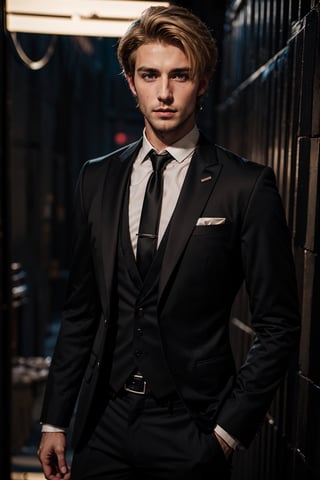 1 male, formal suits,rudeus_greyrat, black formal suit, (torso body shot), (handsome European man, 25 years old), ( dirty blond hair), (black necktie),   highly detailed, sharp focus.8k,neon photography style,