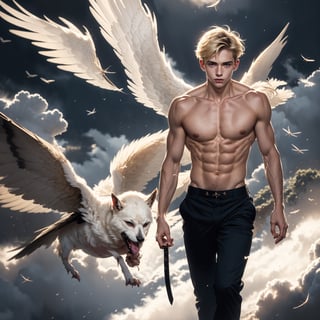 a full body of a 17 years old handsome boy,he is an angel,wearing  black suit,  black pants , dynamic movement, fighting stance,cute blond boy, short hair, male_only, pale white skin, masterpiece, photorealistic, best, best quality, male, perfect nipple, slim body, inspire by male model ,Detailed face, detailed body, detailed leg, 8k,  Photographic realistic masterpiece HDR high quality image, perfect high detail image.  (heaven theme:1.5)
detailed eyes, perfect eyes, tall and handsome, high detail hand and fingers, (fly down:1.5), (detailed hand, detailed fingers:1.2)
,flower4rmor,Masterpiece,Detailedface,Flower,Angel, (turn left:1.5)