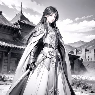 Natural Light, (Best Quality, highly detailed, Masterpiece), ((wide shot)), 
(beautiful and detailed eyes), (realistic detailed skin texture), (detailed hair), (full-length shot), 1girl, blue short hair, blue eyes, serious, white cloak, boots, silver full-armor, (holding long sword), standing, (castle background), ink background, ((perfect anatomy, (clean outline), (sketch style line art), ,ink splash,