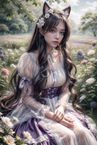 (Dynamic lighting, bloom), (outdoor), (Best Quality, Masterpiece), (((perfect anatomy))), (beautiful and detailed eyes), (realistic detailed skin texture), (detailed hair), (Fantasy aesthetic style), (realistic light and shadow), (female): solo, (perfect face), (detailed outfit), 1girl, animal ears, white long hair, cat pupils, with bubbles floating around, black long hair, wearing a purple lolita dress laced with white,clear line, Kawaii, cute, pretty, sitting in a flower field,