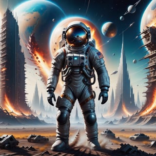 the astronaut stands in the middle of a deserted field surrounded by cities of the future, an otherworldly world of high technology, huge monsters are running far from the astronaut, burning spheres are flying, night, planets, space debris, the ruins of the apocalypse.,monster,biopunk style