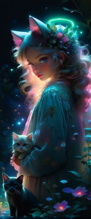 Ultra detailed illustration of an angel lost in a magical world full of wonders, unique luminous flora never seen before, highly detailed, pastel colors, digital art, art by Mschiffer, night, dark, bioluminescence, girl with cat ears on the head, fur cat tail