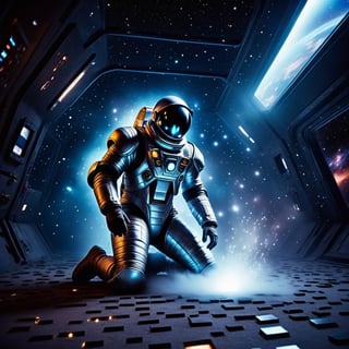 a silver-skinned man works magic over a cauldron of microspheres of electric plasma nuclei inside, looks into the distance with a frightening smile, is in the high-tech apartments of a large spaceship, a broken spacesuit lies on the floor, everywhere cosmic dust flies in the air, fog spreads across the floor, night, neon light from  corners of steel walls consisting of cloudy silver glass blocks, flying in deep space at supersonic speed through space tunnels and galaxies