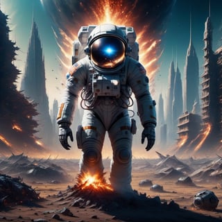 the astronaut stands in the middle of a deserted field surrounded by cities of the hi-tech bio future, an world of high technology, huge biopunk monsters are running far from the astronaut, burning spheres on fire are lie on ground, night, deep space debris, the ruins of the hi-tech apocalypse, monster, biopunk style, cinematic