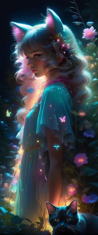 Ultra detailed illustration of an angel lost in a magical world full of wonders, unique luminous flora never seen before, highly detailed, pastel colors, digital art, art by Mschiffer, night, dark, bioluminescence, girl with cat ears on the head, fur cat tail