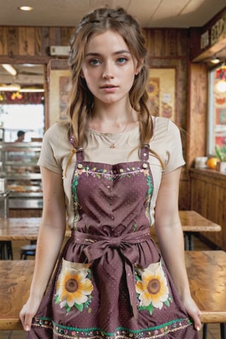 
Highly detailed, high quality, masterpiece, beautiful (full body shot) 23 year old girl from USA, fair skin, big eyes, honey color, with freckles, long hair tied in two clinejas with brown toned bangs. Hippie style, wearing a brown floral apron. Attending in a cafeteria.,perfect eyes