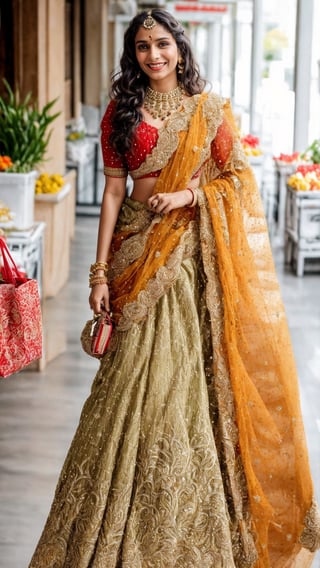 A beautiful Indian Hindu girl of 25 years old doing shopping. She is wearing the same red and gold silk saree with a matching blouse that exposes her midriff. She has a mantika on her forehead, along with a bindi and earrings. She has applied red lipstick and kohl on her eyes. Her hair is long, black and wavy, and she has a jasmine garland on her hair. She is smiling and looking at the camera. Her skin tone is wheatish. The background is a shopping mall, where people are walking and browsing different stores. The image should be realistic and full. The background should be slightly blurred, but the girl should be clear. The girl should be at least 5 ft tall. She is also wearing matching sandals and holding a few shopping bags in her hands