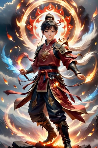 cinematic scene of a 8y Chinese boy with a bun fighting, one magic floating circular of white-red translucent energy with shiny runes hovers at his hand, facial expression of a kind and good genious childish, wearing ancient armor, ((two boots on fire)), the background is filled with mist, floating in the air, Legend clouds, rainbow clouds, mountains, Lots of red satin wrapped around him, ((a long-handled spear on fire in his hand)), ((fire lotus)), well-illuminated, GUILD WARS,glass,fire element,composed of fire elements