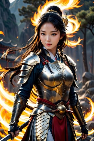 full body shot, Mulan, a women warrior with long dark braided hair,  wearing a detailed and intricate golden helmet, holding a detailed chinese silver sword, wearing ((armor made of golden scales)), sorrounded by a ball of fire, powerful, photorealistic, extreme details, 8k,dynamic pose,full_body, gh3a, LinkGirl,fire element, ,photo r3al, ((with loong, Chinese dragon style fire)),