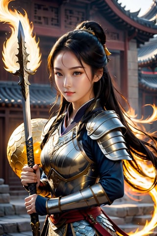 full body shot, Mulan, a women warrior with long dark braided hair,  wearing a detailed and intricate golden helmet, holding a detailed chinese silver sword, wearing ((armor made of golden scales)), sorrounded by a ball of fire, powerful, photorealistic, extreme details, 8k,dynamic pose,full_body, gh3a, LinkGirl,fire element, ,photo r3al, ((with loong, Chinese dragon style fire)),