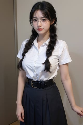 1girl, solo, long hair, looking at viewer, big boob, smile, blue eyes, skirt, black hair, school uniform, braid, glasses, belt, twin braids, cosplay, realistic