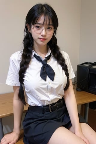 1girl, solo, long hair, looking at viewer, big boob, smile,sitting on the desk, blue eyes, skirt, black long hair, school uniform,glasses, belt, twin braids, cosplay, realistic