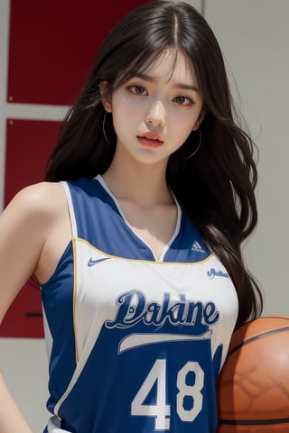 masterpiece, best quality, highly detailed, long hair, photorealistic, breasts, basketball outfit