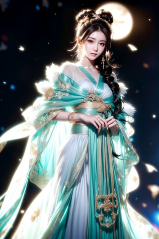 The background is midnight sky,big blue moon,dark night,snow blowing,16 yo, 1 girl,sword,halo,shining bracelet,beautiful hanfu(white, transparent),cape, cloth blowing in wind, solo, {beautiful and detailed eyes}, calm expression, natural and soft light, delicate facial features, cute japanese idol, very small earrings, ((model pose)), Glamor body type, (dark hair:1.2),  beehive,big bun,very_long_hair, hair past hip, curly hair, flim grain, realhands, masterpiece, Best Quality, photorealistic, ultra-detailed, finely detailed, high resolution, perfect dynamic composition, beautiful detailed eyes, eye smile, ((nervous and embarrassed)), sharp-focus, full_body, sexy pose,cowboy_shot,ruanyi0060,yae_miko(genshin impact),Caligraphy,qinghua,ruanyi0018