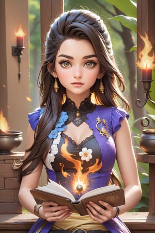 1 girl,{{Floating Fire Magic Spell and a burst of flam}},book,looking at viewer,close-up, cowboy shot,cinematic lighting, volume lighting, light particlestachie,dynamic angle ,ray tracing,, best quality, amazing quality, very aesthetic, absurdres,Indian