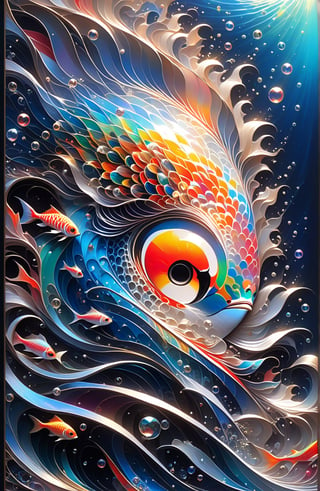 symphony, beautiful female enjoying music, playing with an exotic fish, ((Vibrant depictions of sound wawes)) waves forming music notes, colorful marine creatures, water bubbles, symphony, sweet expression, symphony of waves, sea melodies, surrounded  by waves forming intricate sonic patterns, wide angle, vivid colors, 8k, inspired by Michael Cheval, beautiful eyes, perfect hands, beautiful face + symmetrical face,  highly detailed, intricate complexity, juxtaposing, epic composition, magical atmosphere + masterpiece, perfect hands+five fingers hands, (intricate detail), (super detailed), 8k hdr, high detailed, soft cinematic lighting, atmospheric perspective,ray tracing, underwater world background,ray tracing, perfec teyes, 8K, Film Poster, Her iridescent scales shimmer with a pearlescent glow, perfecteyes, absurdity, Magical Fantasy style,d1p5comp_style