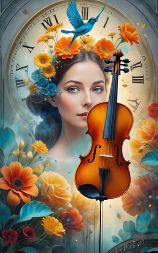 A surreal and artistic digital collage featuring a woman's face. The eyes sparkled brightly. And her face was happy and there was a violin stuck in her head. The layout is vertical. by placing the violin in the middle It protrudes from the top of the head. The woman's skin was pale. Around the violin, there were various elements, including a blue bird perched on the violin, gears, clock parts, and music notes, creating a strange and dreamy atmosphere. There are both real flowers and illustrated flowers. This adds a touch of nature to the composition. The background is gray with a plain texture. It adds a vintage and magical feel to the artwork.