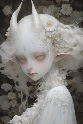 show half body, painting pose, albino young demon girl with lethargic sleepy smokey eyes, white curls, insect eyes, antenna , mesh fishnet blouse, (long intricate horns:1), lora:pale_demon:1,   best quality, highest quality, extremely detailed CG unity 8k wallpaper, detailed and intricate, goat horn, two horn, horn, white eyes, black background with skulls and flower engraving, 