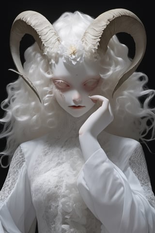 show half body, head tilted slightly, alegant pose, painting pose, one hand in front of chest, tilted pose, looking at viewer, holding a single flower, albino young demon girl with lethargic sleepy smokey eyes, white curls, goat horn, one pair of horn, horn curl clockwise, white eyes, skulls engraving background, dark background, insect eyes, mesh fishnet blouse, (long intricate horns:1), lora:pale_demon:1,   best quality, highest quality, extremely detailed CG unity 8k wallpaper, detailed and intricate, 