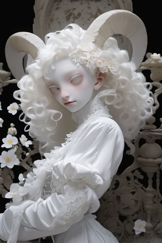 show half body, painting pose, tilted pose, looking at viewer, holding a flower, albino young demon girl with lethargic sleepy smokey eyes, white curls, goat horn, one pair of horn, horn curl clockwise, white eyes, black background with skulls engraving, insect eyes, mesh fishnet blouse, (long intricate horns:1), lora:pale_demon:1,   best quality, highest quality, extremely detailed CG unity 8k wallpaper, detailed and intricate, 