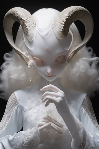 show half body, head tilted slightly, alegant pose, painting pose, one hand in front of chest, tilted pose, looking at viewer, holding a single flower, albino young demon girl with lethargic sleepy smokey eyes, white curls, goat horn, one pair of horn, horn curl clockwise, white eyes, black background with skulls engraving, insect eyes, mesh fishnet blouse, (long intricate horns:1), lora:pale_demon:1,   best quality, highest quality, extremely detailed CG unity 8k wallpaper, detailed and intricate, 