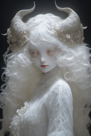 show half body, painting pose, holding a flower, albino young demon girl with lethargic sleepy smokey eyes, white curls, insect eyes, mesh fishnet blouse, (long intricate horns:1), lora:pale_demon:1,   best quality, highest quality, extremely detailed CG unity 8k wallpaper, detailed and intricate, goat horn, one pair of horn, white eyes, black background with skulls engraving, 