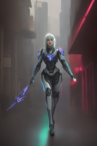 (best quality, 4k, 8k, highres, masterpiece:1.2), ultra-detailed, physically-based rendering, professional, neon led light, vivid colors, bokeh, cyborg girl, made only glass, neon cables, gears, transparent body, mechanical details, glowing eyes, reflective surface, subtle reflections, luminous, metallic highlights, sci-fi, futuristic, neon lights, blue and purple color palette, dynamic lighting,Mallugirl,Mecha body, Science fiction, bul4n,n4git4,tsumuri,kokoroaoshima,Fuj1,vanessh4,gheayoubi,Billie Eilish ,cislan, Mallu , 1girl,photo of perfecteyes eyes, photorealistic, fighting poses , a little smile, front_view, full body shots:1.38, masterpiece, best quality, (( 27 old girl)), walking on the city, masterpiece,masterpiece, (weapon in hand),