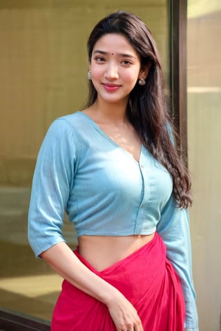 A 30 years old girl ,raw photo, realistic, thick waist, slim body, small smile, long straight brown hair,with beautiful earnings, movie scene, cinematic, high-quality, ultra-detailed, professionally color graded, professional photography. ( soft light:1.2), (volumetric:1.1), well-lit, double exposure, award-winning photograph ,blouse ,Indian,jins,tamannah bhatia,Soojin,1 girl, open clevege 