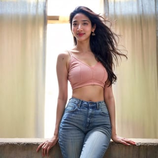 A 30 years old girl ,raw photo, realistic, thick waist, slim body, small smile, long straight brown hair,with beautiful earnings, movie scene, cinematic, high-quality, ultra-detailed, professionally color graded, professional photography. ( soft light:1.2), (volumetric:1.1), well-lit, double exposure, award-winning photograph ,black bra ,Indian,jeans,tamannah bhatia,Soojin,1 girl, open clevege 