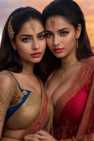 closeup photo, 2 Indian girls, having romance, lesbian couple, 
kissing, romantic_mood , 21 year old, sexy sari without blouse, standing breve in epic pose, burning sky above him,  red lips, epic light, beautiful face, large eyes, green eyes, large breasts, deep cleavage, sexy pose, long hair, red hair,  brave and beautiful, worrier, 