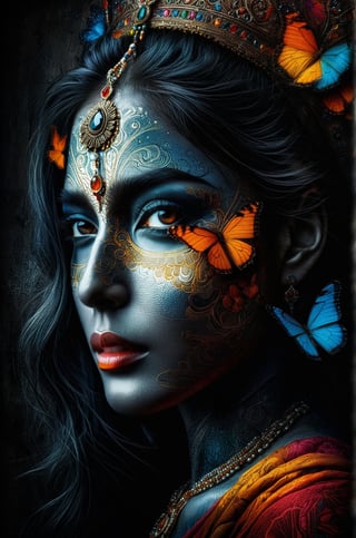 An Indian woman , a queen who wishes becoming  a butterfly,  vivid palette,  moody lighting,  high resolution and contrast,  intricately textured and extremely detailed,  detailmaster2,  side-light,  best quality,  fine artwork,ink art, Indian beauty,DonMM1y4XL