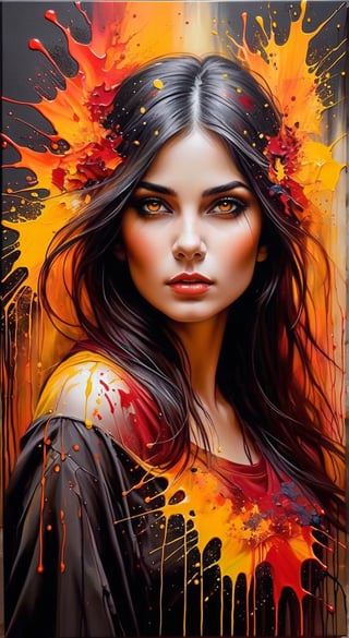 A dark fantasy portrait, dominated by warm hues of orange, yellow, and red. The artwork features splatters and blends of these vibrant colors, creating a sense of movement and energy. The entire canvas appears wet, with the colors merging and blending in various areas, forming a dynamic and fluid appearance. The overall atmosphere of the painting is mysterious and evocative, drawing the viewer into its hauntingly beautiful world., dark fantasy