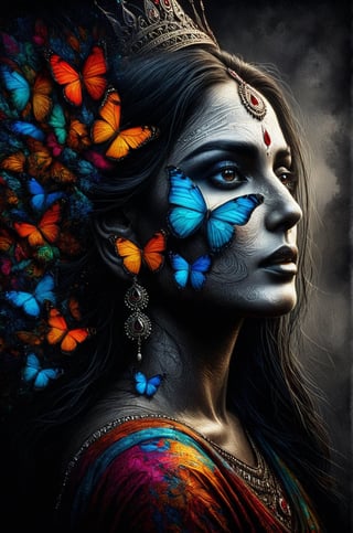 An Indian woman , a queen who wishes becoming  a butterfly,  vivid palette,  moody lighting,  high resolution and contrast,  intricately textured and extremely detailed,  detailmaster2,  side-light,  best quality,  fine artwork,ink art, Indian beauty,DonMM1y4XL