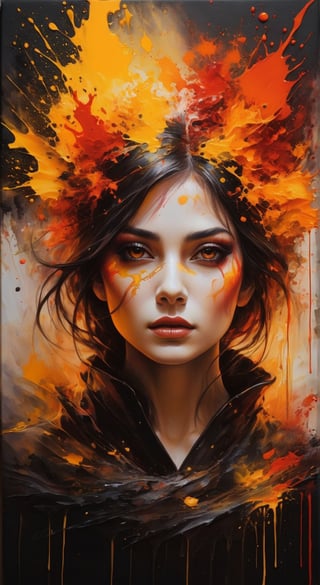 A dark fantasy portrait, dominated by warm hues of orange, yellow, and red. The artwork features splatters and blends of these vibrant colors, creating a sense of movement and energy. The entire canvas appears wet, with the colors merging and blending in various areas, forming a dynamic and fluid appearance. The overall atmosphere of the painting is mysterious and evocative, drawing the viewer into its hauntingly beautiful world., dark fantasy